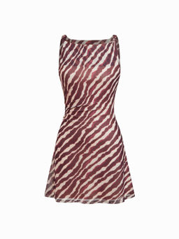 Cider - Mesh Zebra Striped Boat Neck Ruched Mini Dress