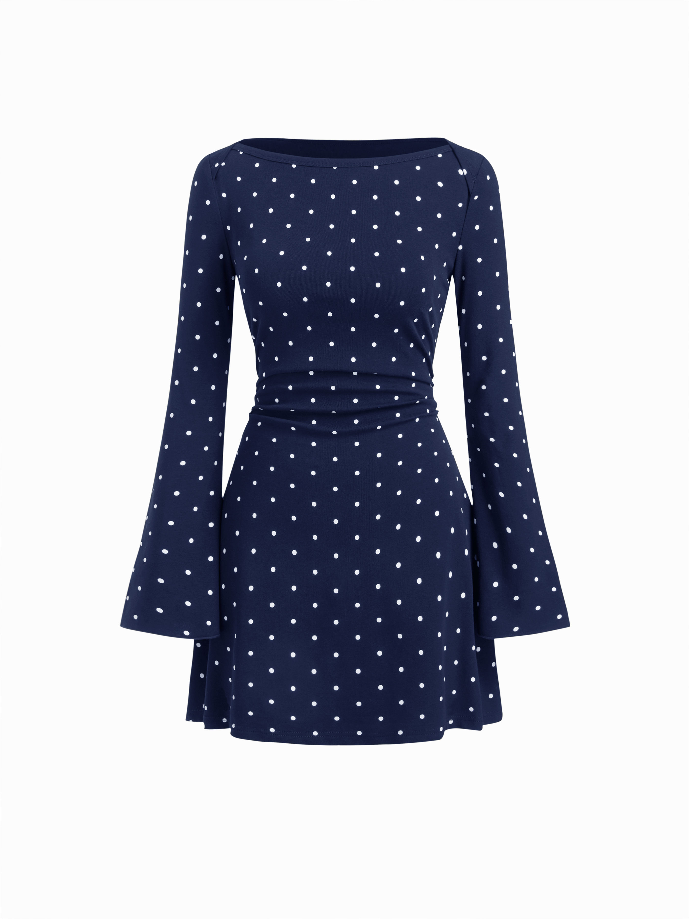 cider Cotton-blend Boat Neck Polka Dot Ruched Bell Sleeve Mini Dress-picture-12