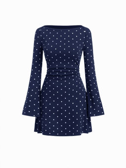 Cider - Cotton-blend Boat Neck Polka Dot Ruched Bell Sleeve Mini Dress