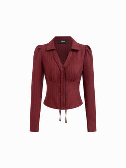 Cider - Striped Collar V-neck Long Sleeve Lace Trim Tie Back Blouse Shirt