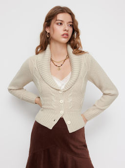 Cider - Cable Knit Collar V-neck Button Cardigan
