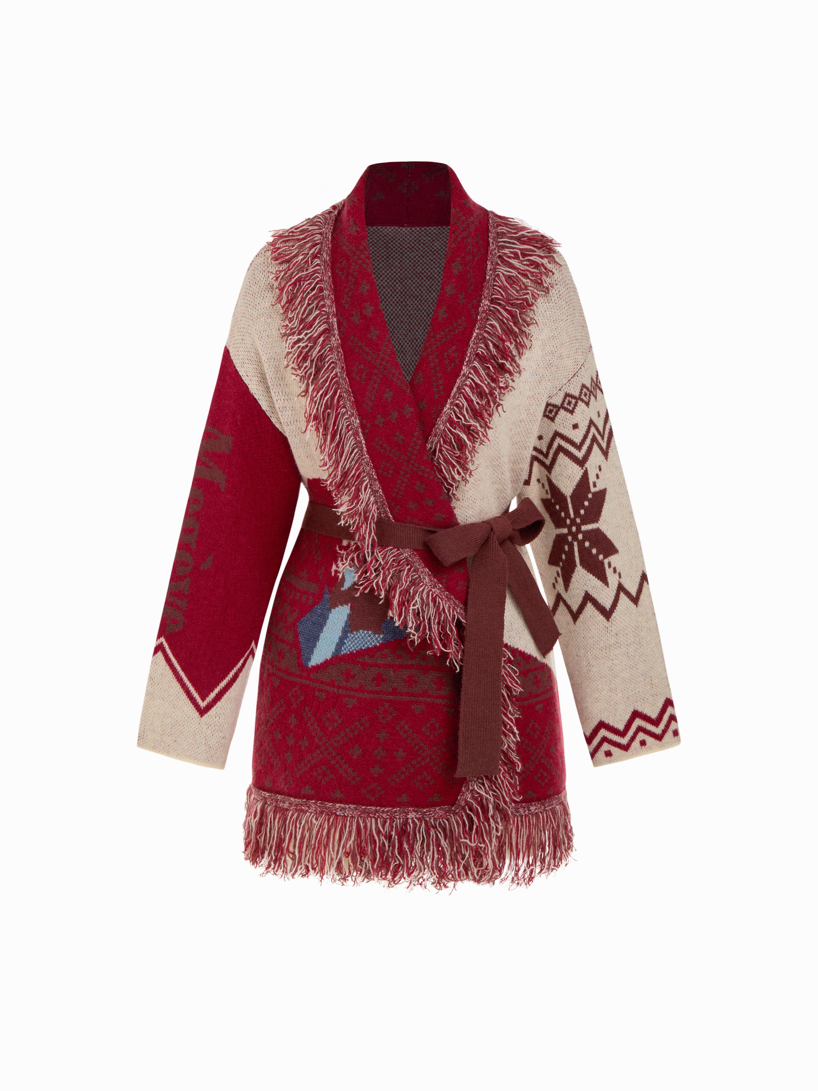 cider Knit Collar Pattern Colorblock Tassel Oversized Cardigan With Belt-picture-11