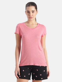 Jockey - RX12 Women Micro Modal Cotton Relaxed Fit Solid V-Neck T-Shirt-Camelia Rose Melange