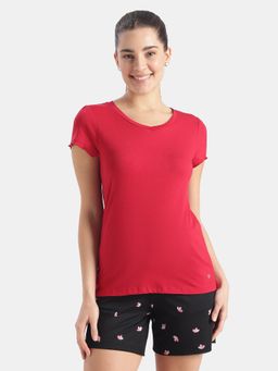 Jockey - RX12 Women Micro Modal Cotton Relaxed Fit Solid V-Neck T-Shirt-Jester Red