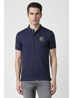 Peter England - Men Navy Blue Embroidered Neck Polo T-Shirts