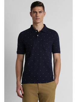 Peter England - Men Navy Blue Print Neck Polo T-Shirts
