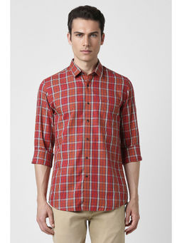Peter England - Men Red Slim Fit Check Full Sleeves Casual Shirt