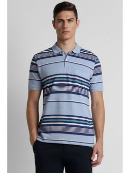 Peter England - Men Blue Stripe Neck Polo T-Shirts
