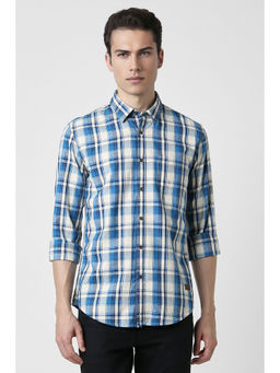 Peter England - Men Blue Slim Fit Check Full Sleeves Casual Shirt