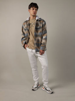 American Eagle - Men Beige Super Soft Printed Hooded Flannel Shirt