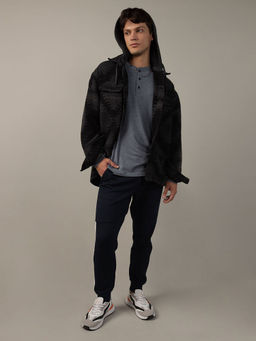 American Eagle - Men Black Super Soft Printed Hooded Flannel Shirt