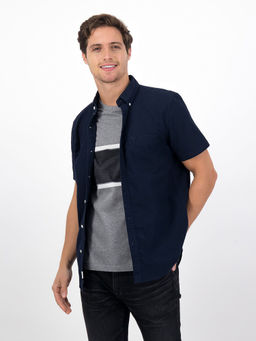 American Eagle - Men Navy Blue Oxford Short Sleeve Button-Up Shirt
