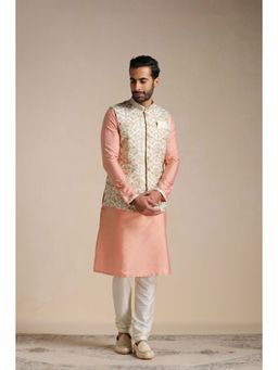 Manyavar - Peach Blended Viscose & Art Silk Solid Kurta Jacket Pyjama (Set of 3)
