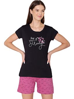 Bodycare - Womens Cotton Printed Night Suit Of T-Shirt & Shorts -BSSS17004 Black (Set of 2)