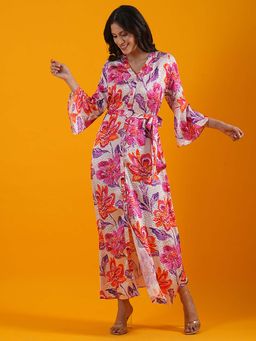 Globus - Women Multi White Bell Sleeves Floral Print Button Down A-Line Workwear Maxi Dress With Belt