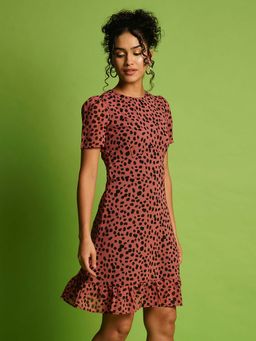 Globus - Women Peach Round Neck Half Sleeves Dress