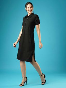 Globus - Women Black Self Design Shirt Collar Pocket Detail Midi Sheath Workwear Dress