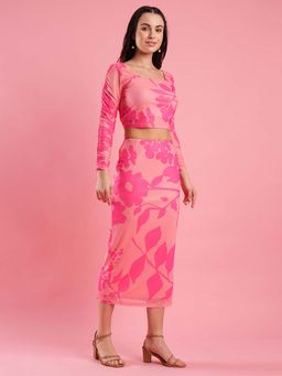 Globus - Pink Floral Print Square Neck Crop Top and Calf Length Pencil Skirt (Set of 2)