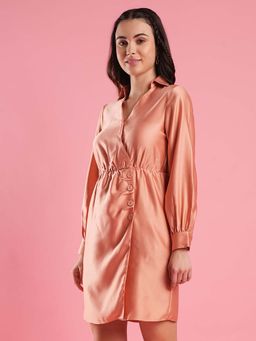 Globus - Women Peach Shirt Collar Cuffed Sleeves Hong Button Detailing Wrap Workwear Dress
