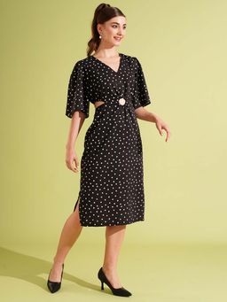 Globus - Women Black V-Neck Polka Dots Cut-Out Side Slit A-Line Party Dress