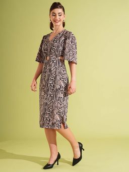 Globus - Women Multi-Colour V-Neck Animal Print Cut-Out Side Slit A-Line Party Dress