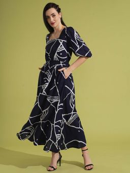 Globus - Women Blue Abstract Print Fit and Flare Maxi Dress