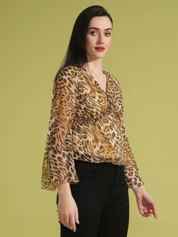 Globus - Women Multi Animal Print Gathered Semi Sheer Workwear Top