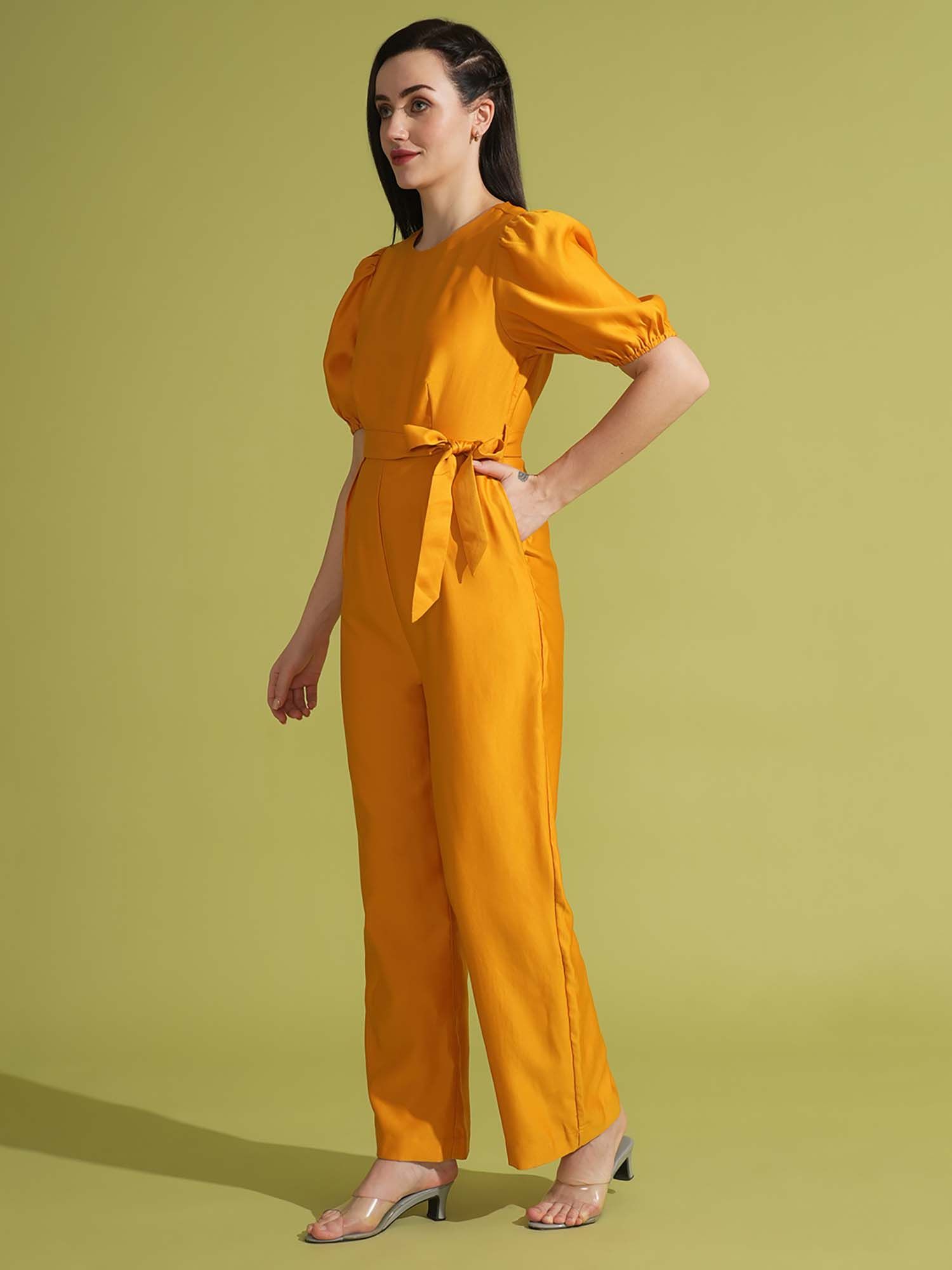 globus Women Yellow Solid Waist Tie-Up Party Jumpsuit-picture-41