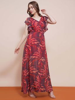 Globus - Maroon Strappy Flutter Sleeves Tropical Printed Fit and Flare Maxi Party Dress