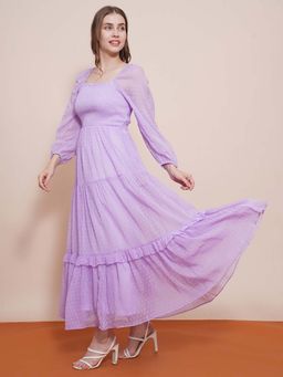 Globus - Lavender Square Neck Balloon Sleeves Self Design Fit and Flare Maxi Dress