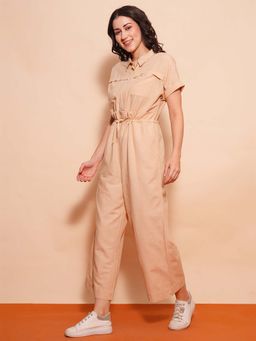 Globus - Women Beige Shirt Collar Waist Tie-Ups Cargo Style Wide Leg Casual Jumpsuit