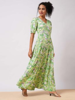 Globus - Women Multi Color V Neck Puff Sleeves Maxi Dress