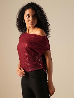 Globus - Women Maroon One Shoulder Extended Sleeve Sequinned Party Top