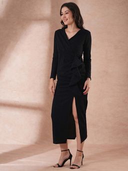 Globus - Women Navy Blue Long Sleeves V-Neck Shimmer Side Slit Bodycon Maxi Party Dress