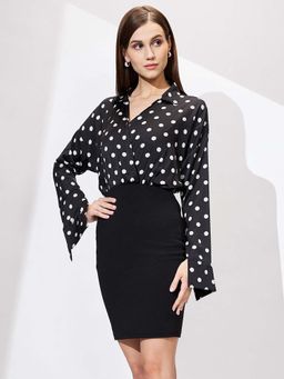 Globus - Black Shirt Collar Polka Dots Satin Gathered Bodycon Workwear Dress
