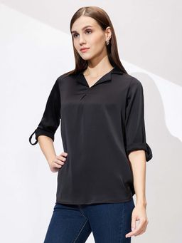 Globus - Women Black Cuban Collar Solid Satin Shirt Style Top