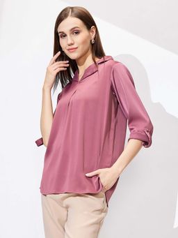 Globus - Women Pink Cuban Collar Solid Satin Shirt Style Top