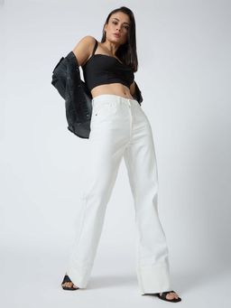 Globus - Women White Cotton Stretch Solid Mid-Rise Wide Bottom Hem Bootcut Jeans