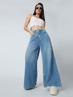 Globus - Women Light Blue Cotton Solid Mid-Rise Super Flared Jeans