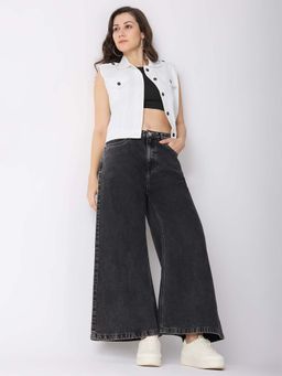 Globus - Women Charcoal Cotton Solid Mid-Rise Super Flared Jeans