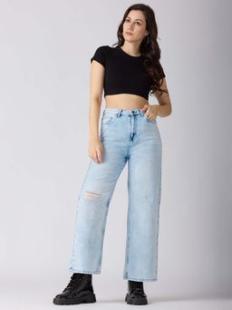 Globus - Women Light Blue Cotton Distress Mid-Rise Wide Leg Jeans