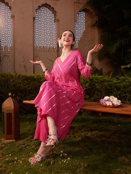 Globus - Pink Woven Design Lurex Detail V-Neck Angrakha Style Kurta and Pant (Set of 2)