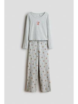 H&M - Girls Grey Print-Motif Cotton Pyjama and Top