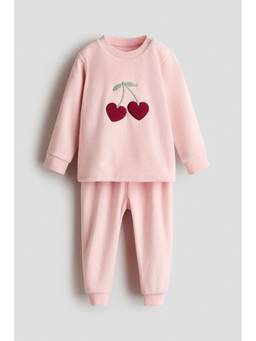 H&M - Girls Pink 2-Piece Embroidery-Motif Fleece Top and Joggers