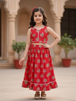 LITTLE GINNIE - Red Floral Top and Skirt