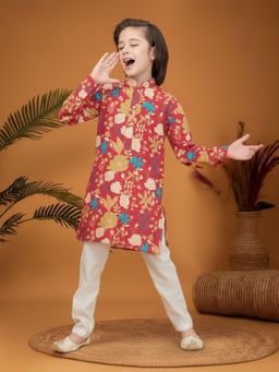 Mini Stitch - Red Floral Kurta and Pant