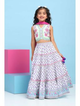 Biba - White Printed Blouse with Lehenga and Dupatta