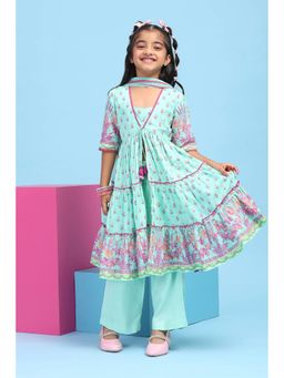 Biba - Green Printed Kurta with Palazzo and Dupatta