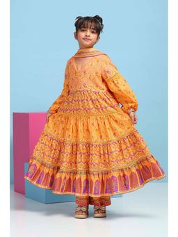 Biba - Orange Printed Kurta with Palazzo and Dupatta