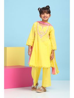 Biba - Yellow Embroidered Kurta with Palazzo and Dupatta